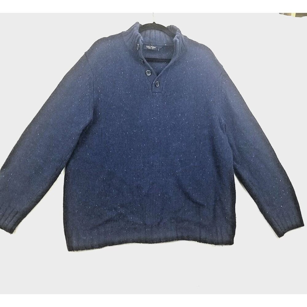 Nautica Wool Blend 1/4 Button Pullover Knit Sweater Navy white Speckle Men's XL